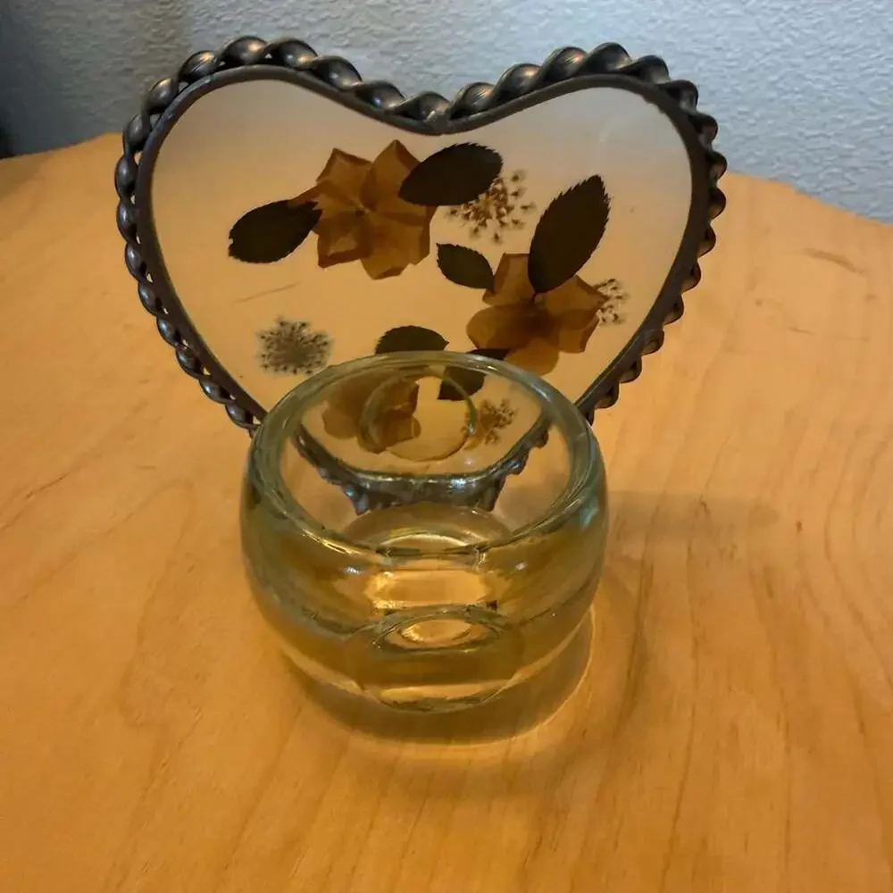 Vintage Pressed Flowers Resin Pewter Heart Votive Candle Holder